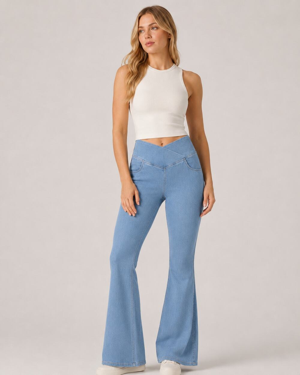 Halara Flex High Waisted Crossover Pocket Washed Casual Flare Jeans Size Med